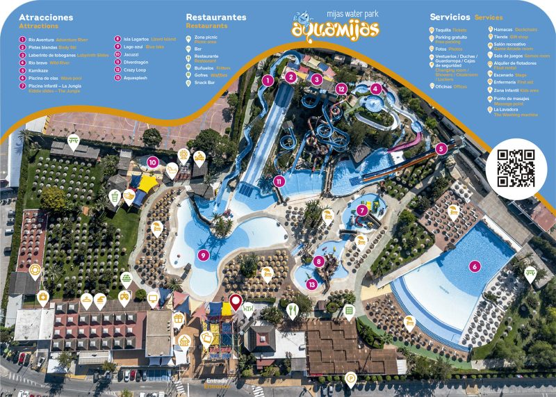 Mapa completo del parque acuático Aquamijas con atracciones, piscinas, restaurantes y servicios destacados, ideal para quienes buscan qué hacer en Aquamijas durante su visita.