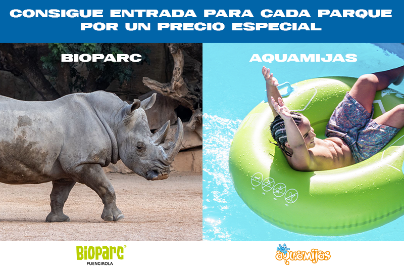Amigos disfrutando de las atracciones de agua y animales con la promoción de Bioparc ofertas 2x1 Fuengirola y AquaMijas.